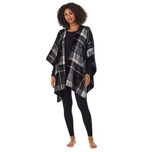 Cuddl Duds Fleece Poncho Black Window Pane L/XL